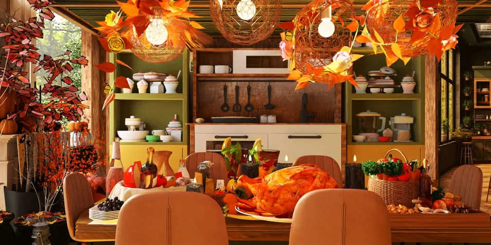 dining room with autumn-themed decor featuring a large turkey centerpiece, beautifully arranged fruits and vegetables, designed in a cozy rustic style, showcasing Homestyler's real-time 3D rendering feature for design proposal presentation.