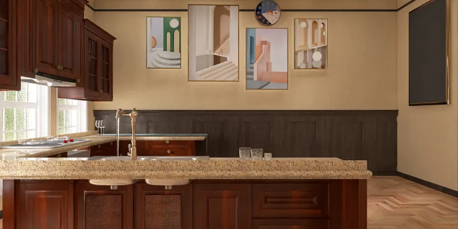 a kitchen with a sink, counter, and cabinets 
