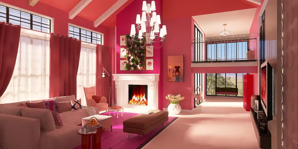 a living room with a fire place and a large window 