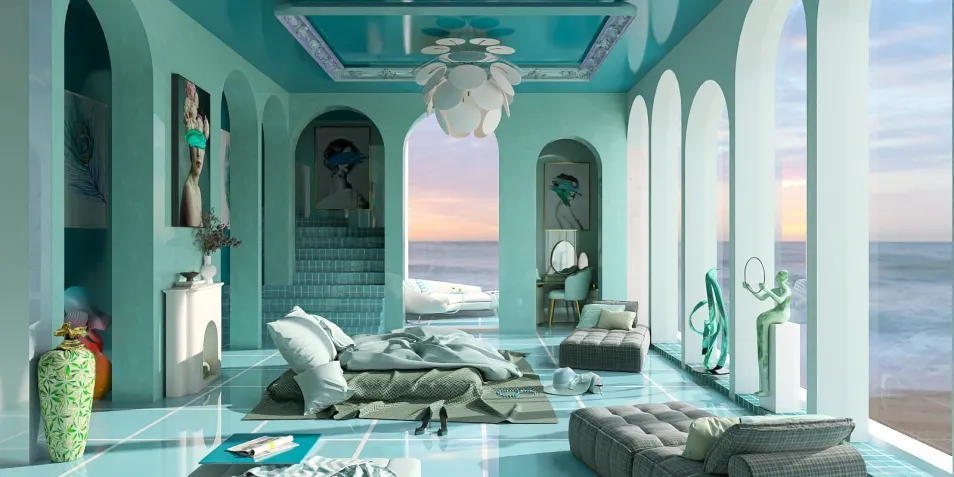 A stunning coastal living room with turquoise walls and stunning ocean views, showcasing a modern interior design style, emphasizing the use of Homestyler's real-time 3D rendering for quick design previews.
