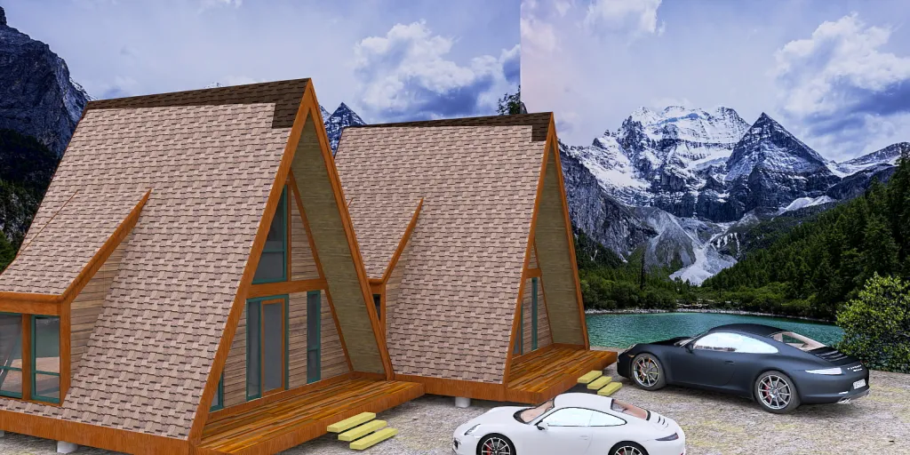 a small house with a large bed and a car 