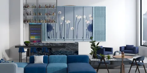 Modern living room with elegant bar area featuring floral artwork, showcasing interior design with smart furniture arrangement, utilizing Homestyler's real-time 3D rendering feature for effective space visualization.