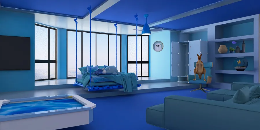 a room with a blue and white striped bed and a blue and white striped chair 