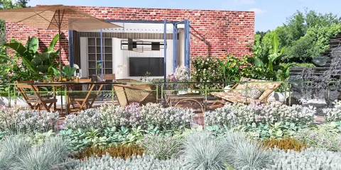 outdoor garden patio with seating arrangement and dining area surrounded by colorful flowers enhancing the relaxation space for outdoor living; featuring Homestyler's real-time 3D rendering for design visualization.