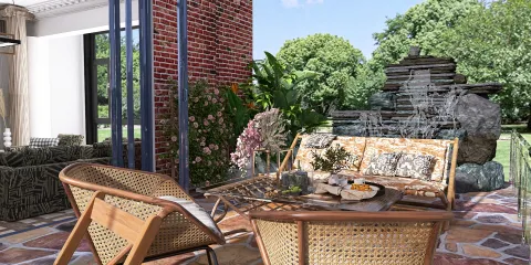 outdoor seating area featuring comfortable rattan chairs and a natural stone water feature in a modern design style, showcasing Homestyler's real-time 3D rendering capability for outdoor decor.