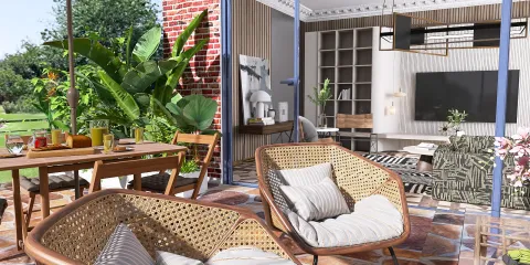 Cozy outdoor seating area with rattan chairs, blending indoor and outdoor spaces, bohemian style, perfect for a relaxing afternoon; featuring Homestyler's real-time 3D rendering for detailed visualization.