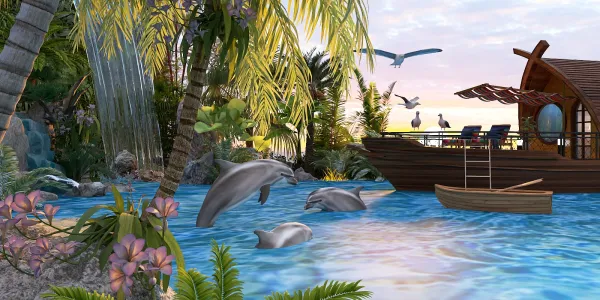 Dolphins jumping in a tropical paradise scene with a wooden boat, showcasing a vibrant coastal garden and palm trees, ideal for an immersive 3D design experience using Homestyler.