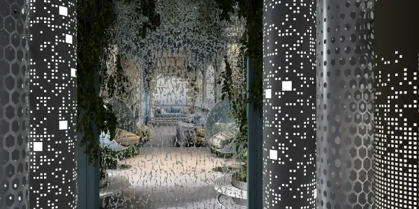 a beautifully designed interior space featuring a cascading floral curtain design, enhancing the ambiance of the room, showcasing interior design aesthetics; utilizing Homestyler's real-time 3D rendering for an immersive effect.
