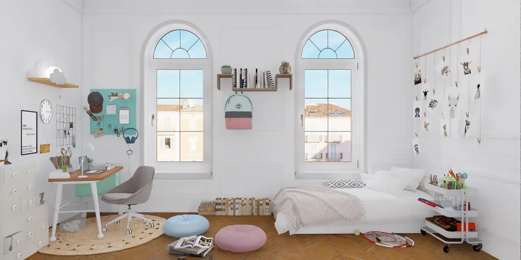 a room with a bed, a desk, and a window 