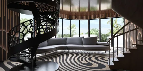 spiral staircase enhancing modern living area with curved seating in contemporary style, featuring interior decor optimization using Homestyler's real-time 3D rendering feature