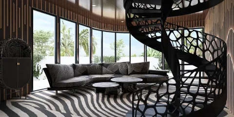 modern living room featuring a spiral staircase and unique furniture arrangement, contemporary design, showcasing interior decor concepts with Homestyler's real-time 3D rendering feature.
