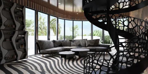 spiral staircase featuring a unique design in a modern living room with patterned furniture and large windows, showcasing a contemporary interior decor style, utilizing Homestyler's real-time 3D rendering for effective design proposal presentation.