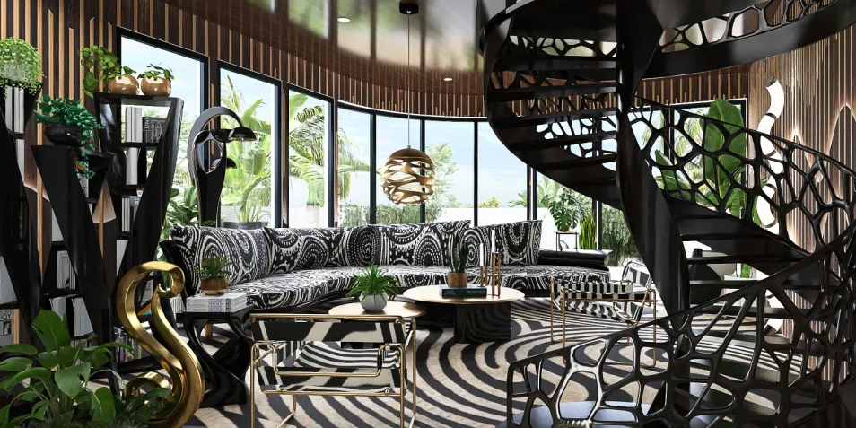 luxurious spiral staircase design featuring bold patterns and modern furniture in a cozy living room, showcasing interior decor elements with real-time 3D rendering capabilities for stunning visualization.