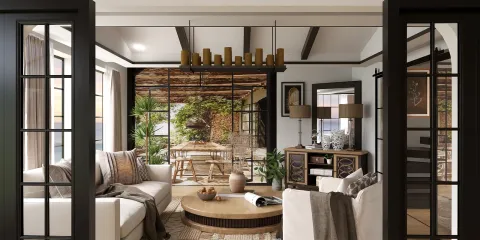 Cozy living room with modern furniture arrangement and natural elements, featuring a blend of rustic and contemporary styles. This interior design highlights Homestyler's real-time 3D rendering for quick visualization.