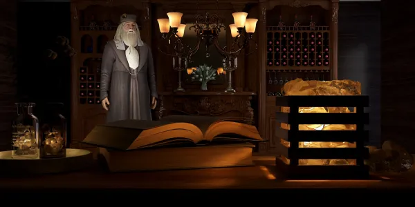 A wizard figure standing in a vintage wine cellar, showcasing an atmospheric ambiance with decorative lighting and rustic furniture, emphasizing interior design during a cozy evening scene using Homestyler's real-time 3D rendering capabilities.
