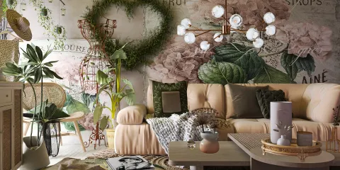 modern living room with floral wallpaper and elegant lighting creating a cozy atmosphere, featuring a blend of natural elements and soft furnishings, showcasing Homestyler's real-time 3D rendering for interior design.