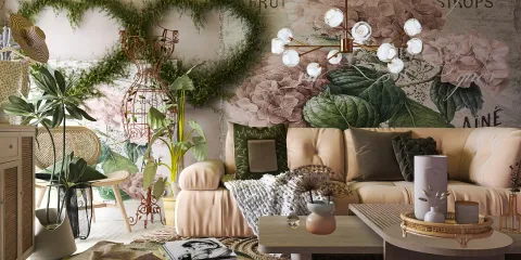 Cozy living room with floral wall design featuring light-colored furniture, stylish lighting, and lush greenery, utilizing Homestyler's real-time 3D rendering for an interior design preview.