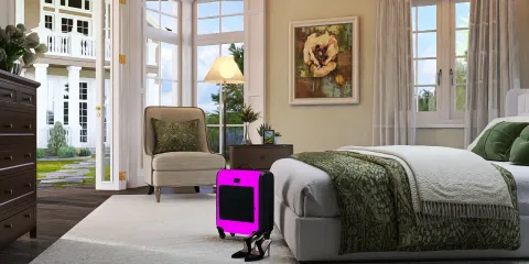 A modern bedroom featuring a stylish bed and green decor, showcasing the smart furniture arrangement for optimal space utilization, enhanced with Homestyler's real-time 3D rendering feature.