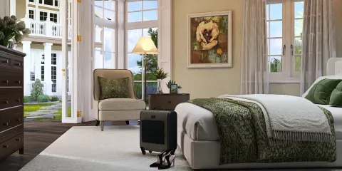 cozy bedroom with soft lighting and green accents, showcasing a serene atmosphere in interior design, featuring Homestyler's real-time 3D rendering for quick design previews.