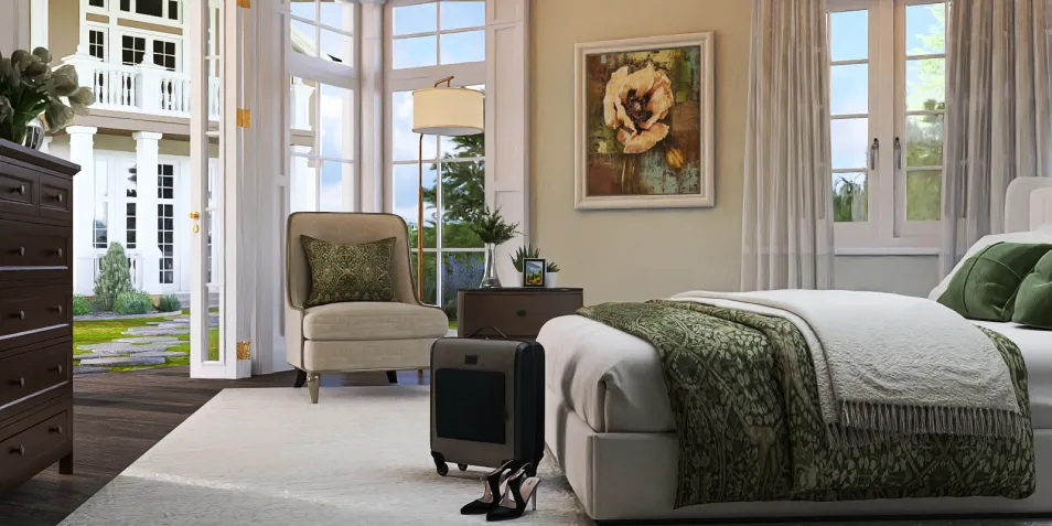 A cozy bedroom featuring a plush bed with green accents, showcasing realistic 3D rendering for interior design visualization, designed with Homestyler's advanced rendering capabilities.