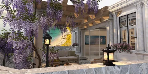 outdoor patio with a decorative pergola and wisteria plants creating a relaxing atmosphere in a classical design style; perfect for enhancing outdoor living spaces with Homestyler's real-time 3D rendering feature.