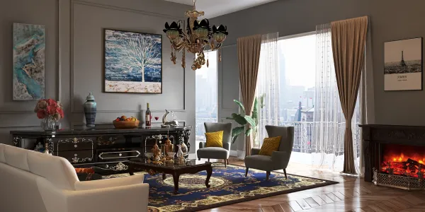 luxurious living room with elegant furniture arrangement in classic style showcasing a spacious area with blue and gold accents; featuring Homestyler's real-time 3D rendering for a stunning design preview