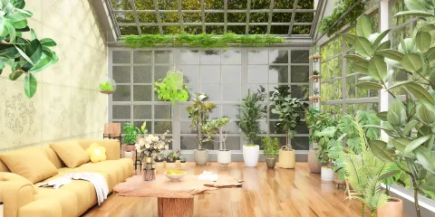 cozy living room with lush greenery arrangement in a contemporary style showcasing indoor gardening benefits using Homestyler's real-time 3D rendering feature