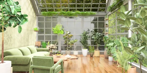 green living room with plants arranged in a cozy setting showcasing biophilic design elements and natural light, featuring Homestyler's real-time 3D rendering for an immersive interior design experience.
