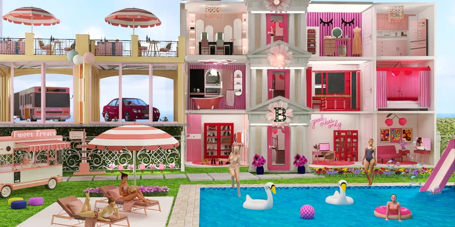 a room with a pink and white striped floor and a pink and white striped ceiling 