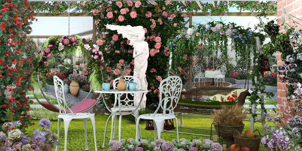 a table with flowers and chairs in a garden 