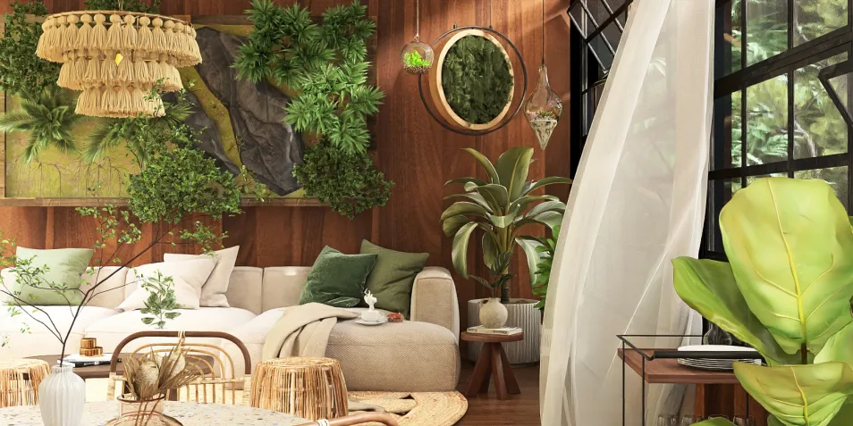 Cozy living room with lush greenery and natural elements, showcasing a modern bohemian design, enhancing the indoor environment with Homestyler's real-time 3D rendering feature.