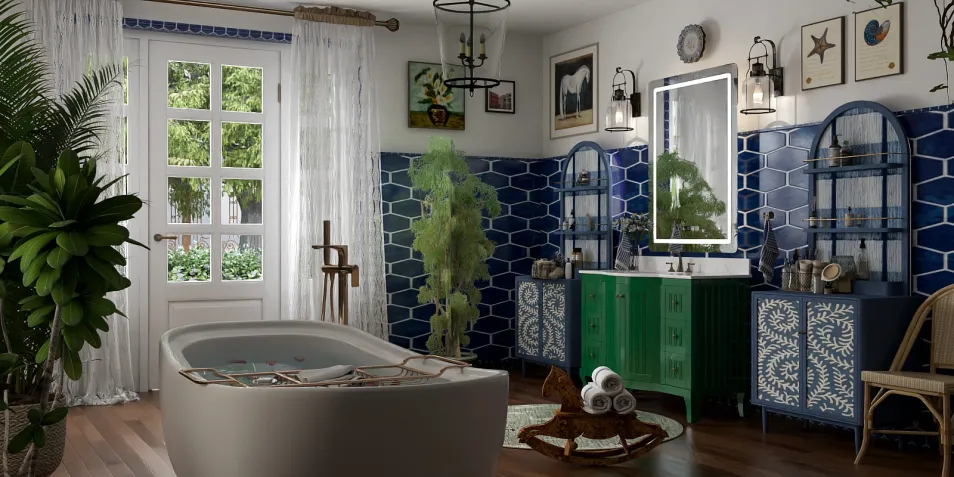 bathroom design featuring a modern bathtub and decorative blue tiles, showcasing a contemporary style with a focus on interior decor using Homestyler's real-time 3D rendering features.