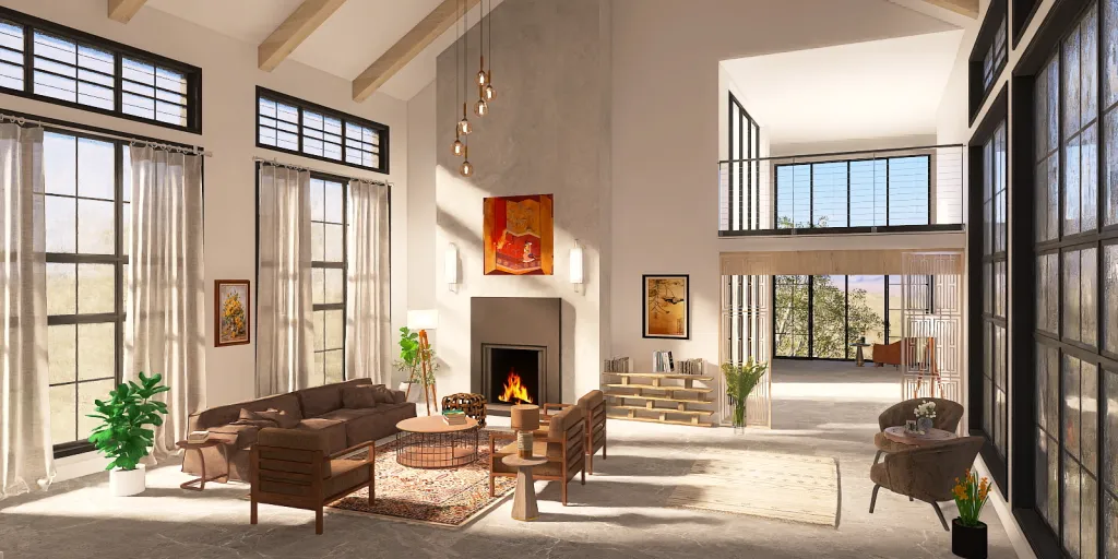 a living room with a fireplace and a large window 