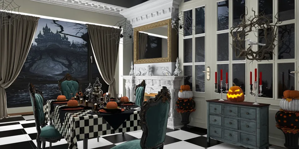 Halloween-themed dining room featuring a checkered table setting, ornate chairs, and spooky decorations, showcasing interior decor with a focus on seasonal design; created using Homestyler's real-time 3D rendering.