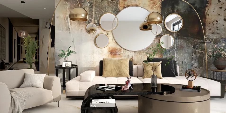 modern living room with stylish circular mirrors and decorative lighting fixtures showcasing an elegant design, featuring interior decor elements like a plush sofa and decorative coffee table, utilizing Homestyler's real-time 3D rendering for effective design previews