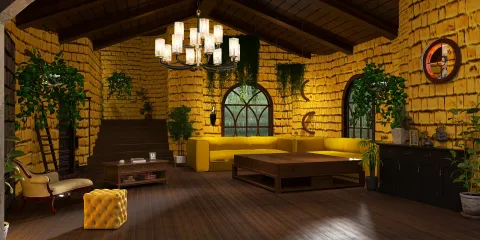 A vibrant living room featuring a cozy yellow couch and wooden furniture, designed in a rustic style with an emphasis on natural lighting and greenery. The scene showcases Homestyler's real-time 3D rendering capability for an immersive interior design experience.