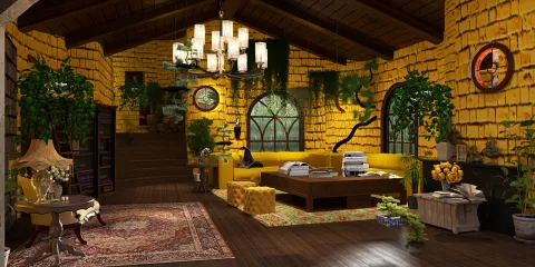 cozy living room with vibrant yellow walls featuring natural decor elements, designed using Homestyler's real-time 3D rendering for an inviting interior experience