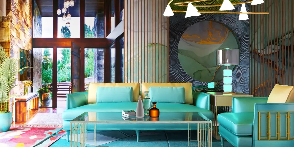 modern turquoise sofa arrangement showcasing 3D interior design style in a spacious living room with large windows, featuring Homestyler's real-time 3D rendering functionality.