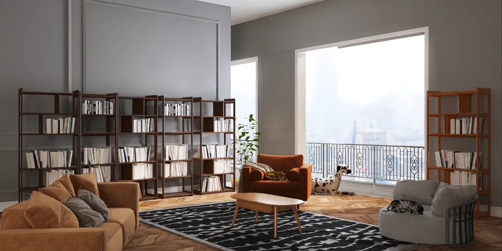 a living room with a couch, chairs, and a book shelf 