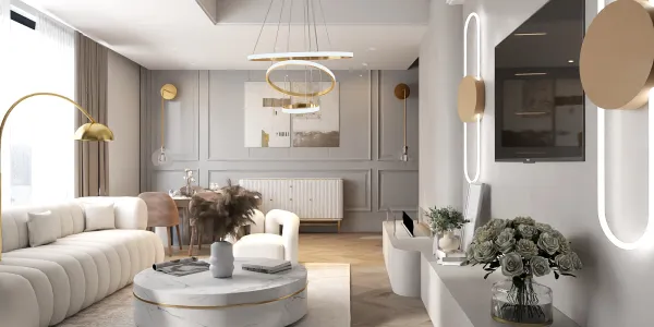 modern living room design featuring a sleek white sofa and circular coffee table, showcasing a minimalist style with elegant decor elements, highlighting the Homestyler real-time 3D rendering feature.