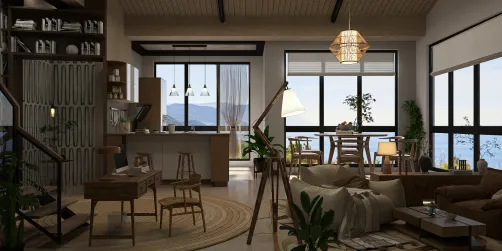 open living room with a kitchen area and dining space, showcasing modern interior design, featuring real-time 3D rendering for furniture layout and decor options in a cozy coastal style.