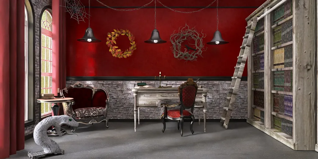 a room with a table and chairs and a red wall 