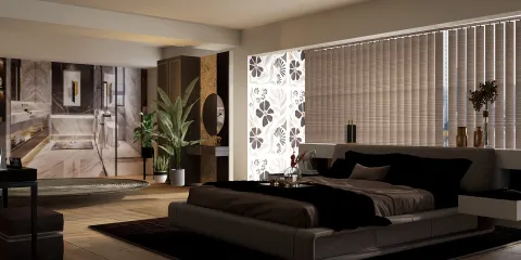 modern bedroom design featuring a sleek bed arrangement with dark accents, utilizing Homestyler's 3D rendering feature for a realistic interior decor preview.