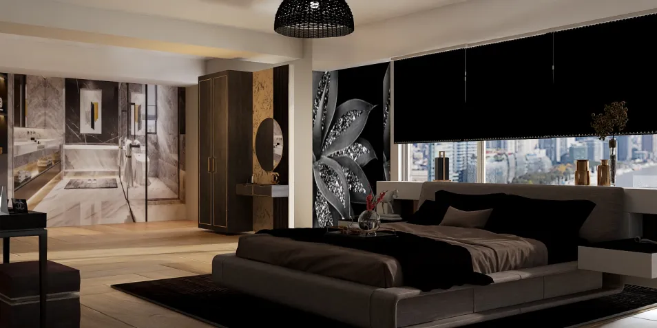 luxurious bedroom design with dark decor featuring a stylish bed arrangement in a modern style enhancing relaxation space using Homestyler's real-time 3D rendering.