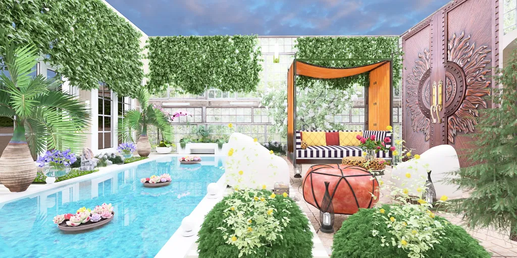 a garden with a pool and a patio with a large blue umbrella 