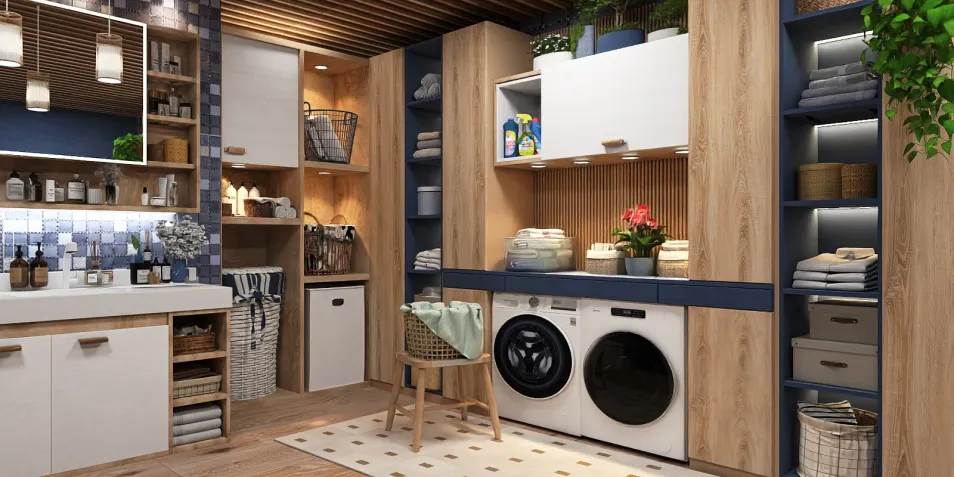 modern laundry room featuring smart furniture arrangement in a Scandinavian style to optimize small space usability, utilizing Homestyler's real-time 3D rendering capability.