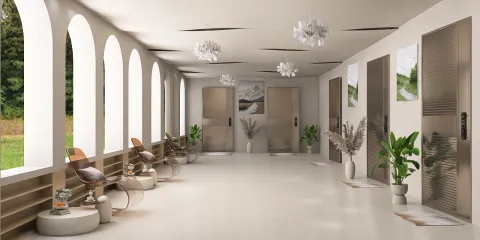 spacious corridor featuring serene wall decor and elegant furniture arrangement in modern style, showcasing interior design optimization with Homestyler's real-time 3D rendering