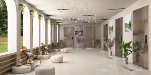 modern hallway furniture arrangement showcasing an open and airy aesthetic with biophilic design elements, emphasizing space optimization using Homestyler's smart furniture layout feature.