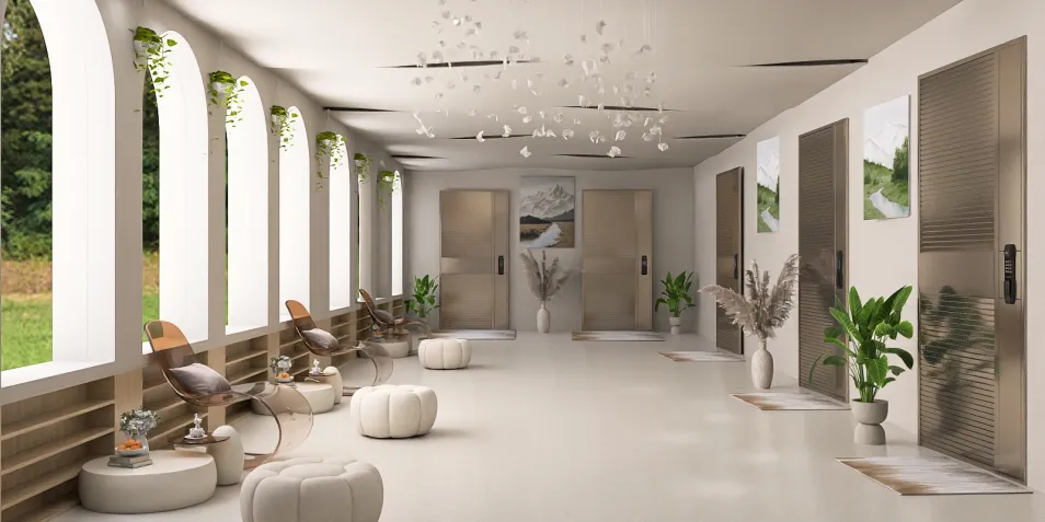 modern hallway furniture arrangement showcasing an open and airy aesthetic with biophilic design elements, emphasizing space optimization using Homestyler's smart furniture layout feature.