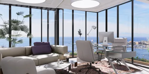 modern office space featuring a stylish sofa and desk arrangement with large windows offering a panoramic view of the ocean, highlighting the smart furniture layout of Homestyler for interior decor optimization